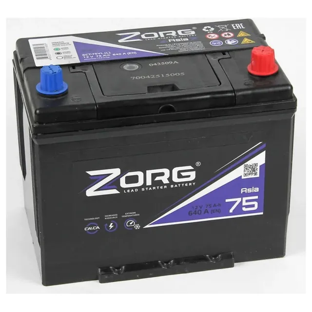Аккумулятор ZORG 75 Ач 640 А (EN), обратная полярность, D26
